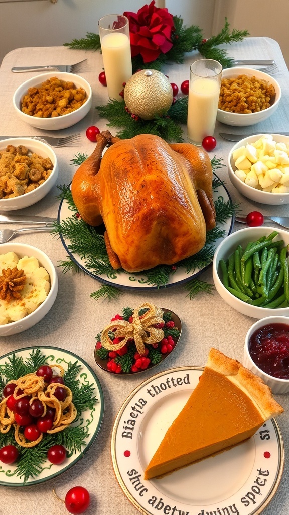A festive Christmas dinner table with roast turkey, stuffing, mashed potatoes, green bean casserole, cranberry sauce, and pumpkin pie.